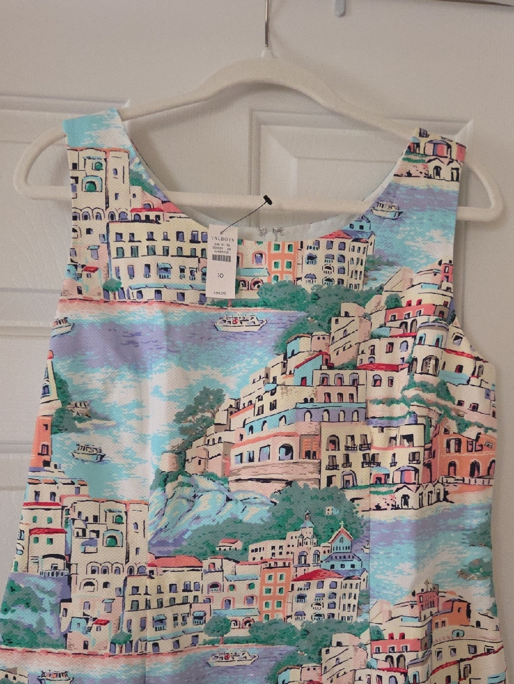 Talbots Scenic Print Sleeveless Shift Dress in Sky Blue, Cream & Teal